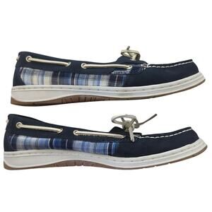 KHOMBU Blue Leather & White Plaid Slip on Boat Shoes women's Size 11